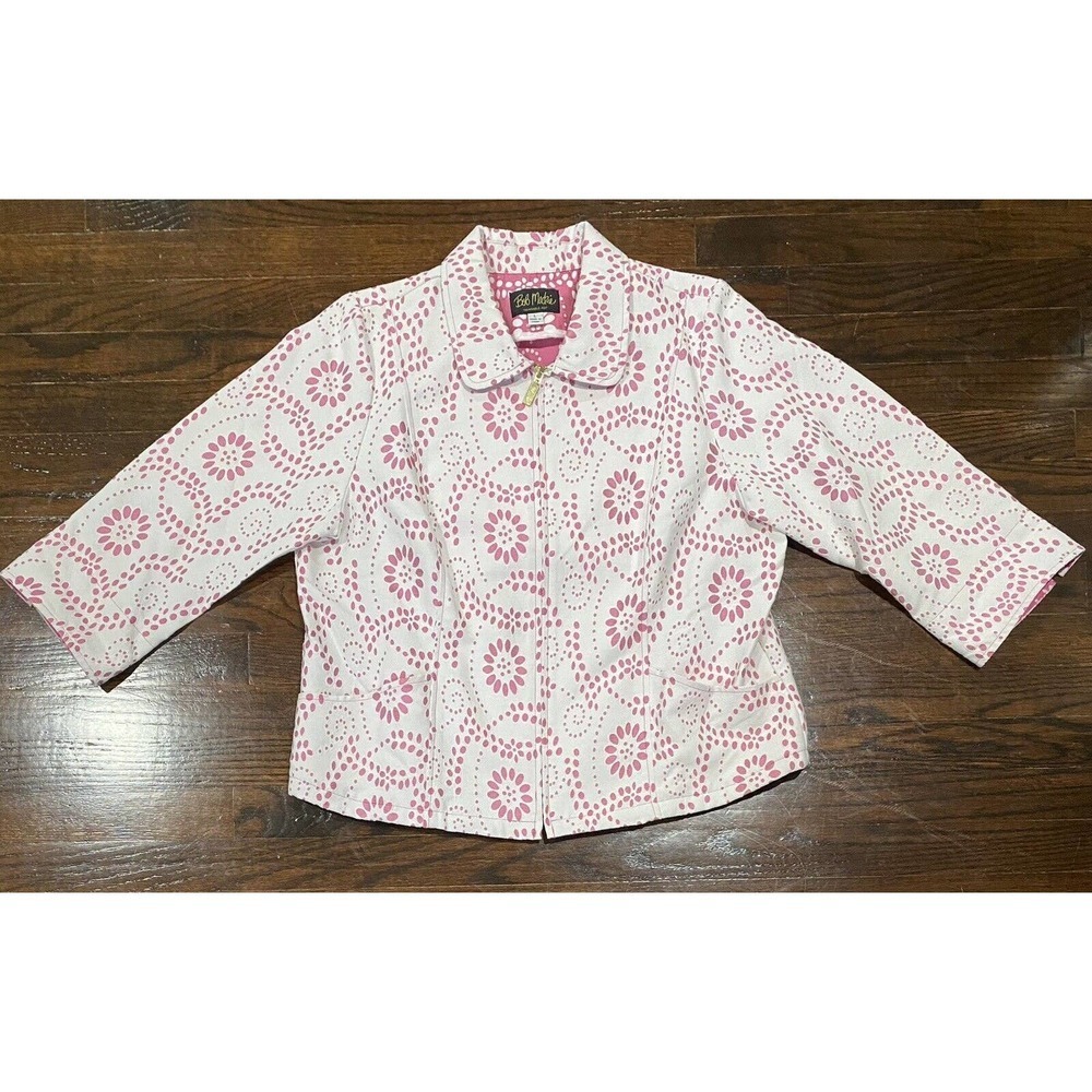 Bob Mackie Wearable Art Floral Eyelet Jacket Women's L Collared Full Zip Preppy